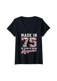 Born Womens 50 Year Old Made In 1975 Birthday Floral 50th Birthday Gifts V-Neck T-Shirt