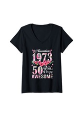 Born Womens 50 Year Old Made In November 1973 Floral 50th Birthday Gift V-Neck T-Shirt