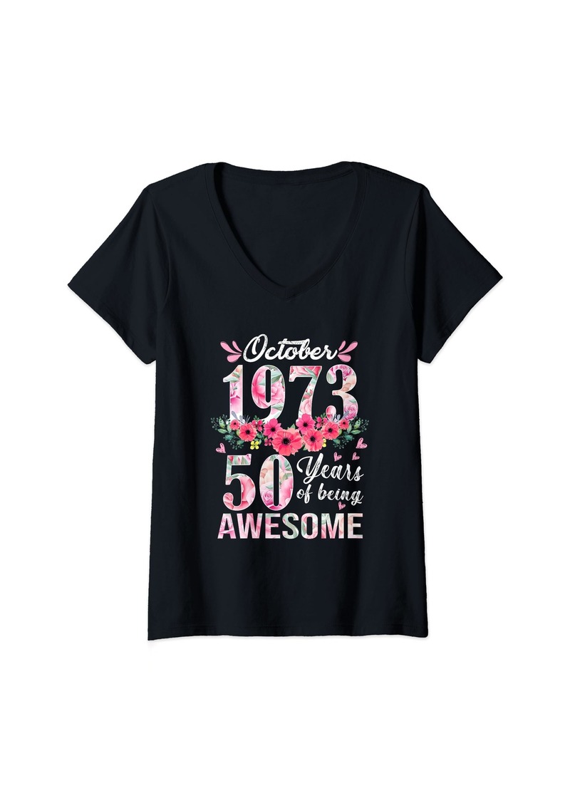 Born Womens 50 Year Old Made In October 1973 Floral 50th Birthday Gift V-Neck T-Shirt