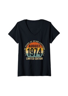 Womens 50 Years Old Gifts Vintage Born In August 1974 50th Birthday V-Neck T-Shirt