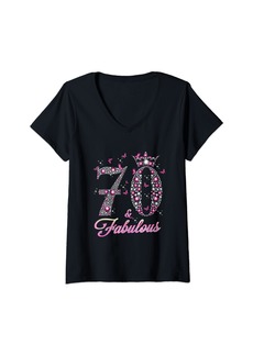 Born Womens 70 And Fabulous 70 Years Old 70th Birthday Diamond Crow V-Neck T-Shirt