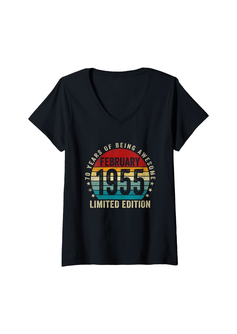 Born Womens 70 Year Old Vintage February 1955 Retro 70th Birthday Gifts V-Neck T-Shirt