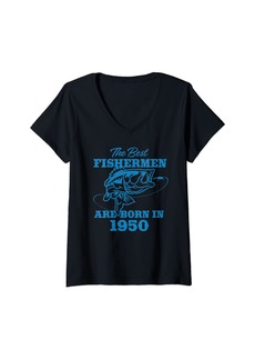 Born Womens 72 Year Old Fisherman: Fishing 1950 72nd Birthday V-Neck T-Shirt