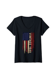 Born Womens 78 Year Old Vintage Made In 1946 78th Birthday American Flag V-Neck T-Shirt