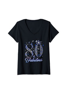 Born Womens 80 And Fabulous 80 Years Old 80th Birthday Diamond Crow V-Neck T-Shirt