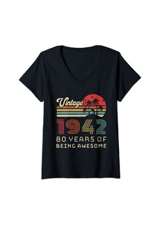 Born Womens 80 Year Old Birthday Vintage 1942 80th Birthday V-Neck T-Shirt