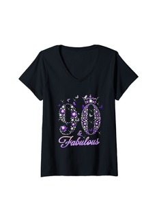 Born Womens 90 And Fabulous 90 Years Old 90th Birthday Diamond Crow V-Neck T-Shirt