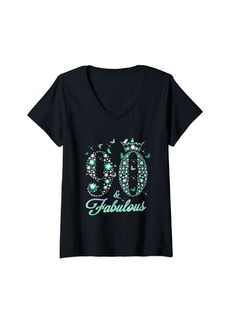 Born Womens 90 And Fabulous 90 Years Old 90th Birthday Diamond Crow V-Neck T-Shirt