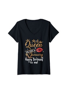 Womens A Queen Was Born In January Happy Birthday To Me Leopard V-Neck T-Shirt