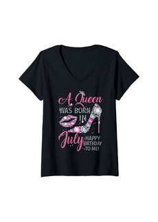 Womens A Queen Was Born in July Happy Birthday High Heel Lips V-Neck T-Shirt