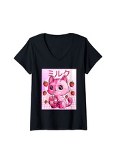 Born Womens Strawberry Shake Strawberry Milk Cat Kawaii Neko Anime V-Neck T-Shirt