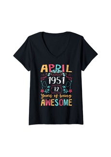 Born Womens April Girl 1951 72nd Birthday Funny 72 Years Old Flower V-Neck T-Shirt