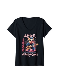 Born Womens Awesome April 1980 44th B-day Pig Lover Guitar 44 Years Old V-Neck T-Shirt