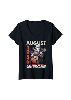 Born Womens Awesome August 1956 68th B-day Dog Lover Guitar 68 Years Old V-Neck T-Shirt
