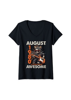 Born Womens Awesome August 1980 44th B-day Dog Lover Guitar 44 Years Old V-Neck T-Shirt