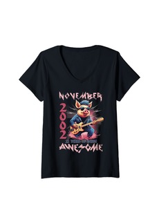 Born Womens Awesome November 2002 22nd Birthday Pig Guitar 22 Years Old V-Neck T-Shirt