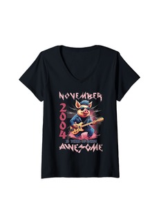 Born Womens Awesome November 2004 20th Birthday Pig Guitar 20 Years Old V-Neck T-Shirt