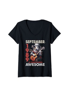 Born Womens Awesome September 1989 35th Birthday Dog Guitar 35 Years Old V-Neck T-Shirt