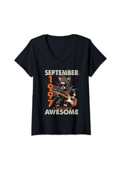 Born Womens Awesome September 1997 27th Birthday Dog Guitar 27 Years Old V-Neck T-Shirt