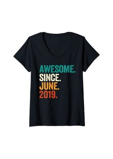 Born Womens Awesome Since June 2019 5th Birthday Gifts 5 Years Old V-Neck T-Shirt