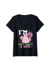Born Womens Axolotl 9th Birthday I'm 9 Let's Party A Lotl 9 Year Old V-Neck T-Shirt