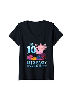 Born Womens Axolotl I'm 10 Let's Party A Lotl 10th Birthday 10 Year Old V-Neck T-Shirt