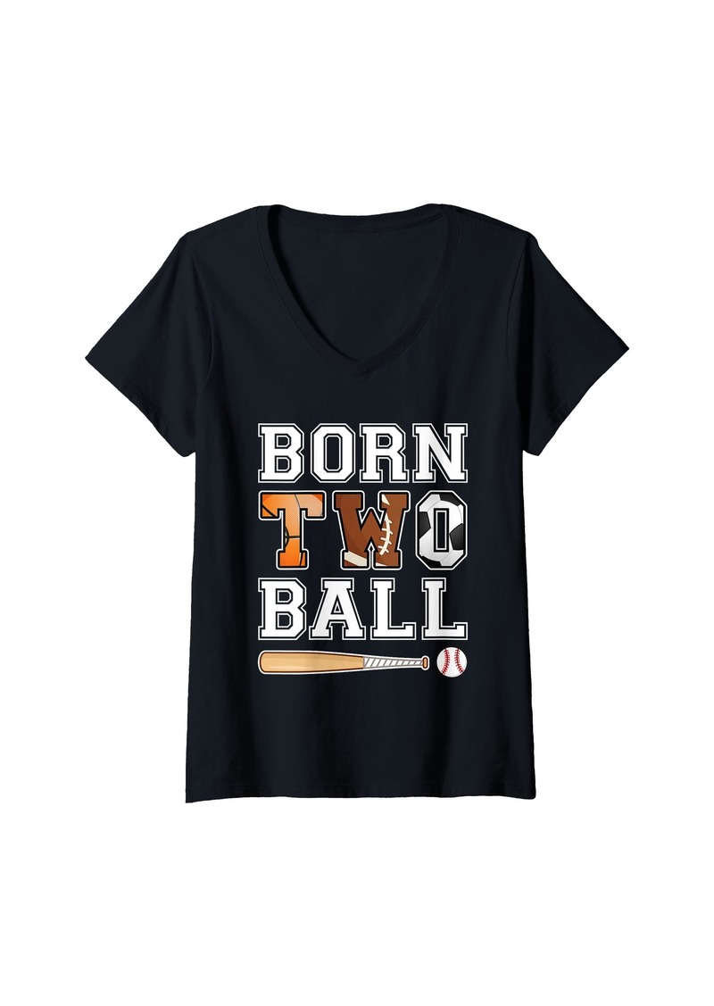 Womens Born 2nd Ball Birthday Sport Theme 2 Year Old Boy Girl Kids V-Neck T-Shirt