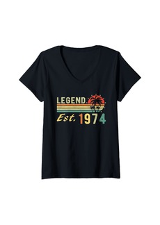 Womens Born In 1974 Legend Est. 1974 Distressed Retro Birthday V-Neck T-Shirt