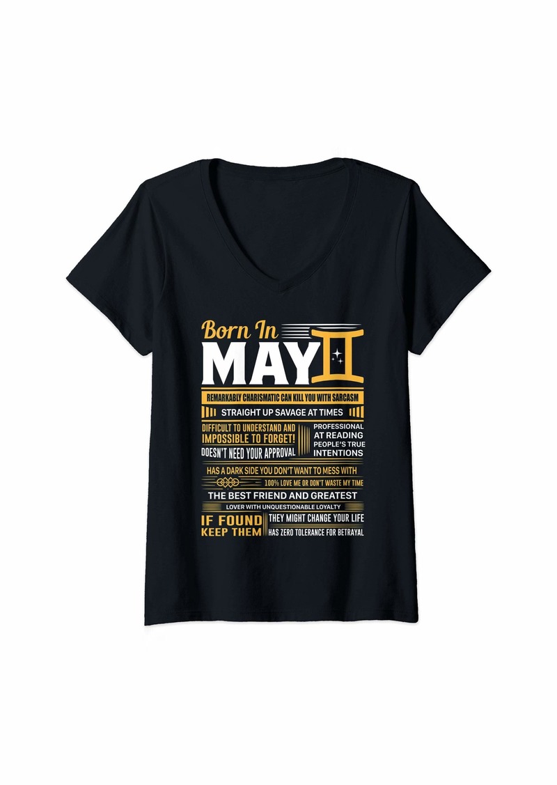 Womens Born In May Gemini Funny Birthday Gift V-Neck T-Shirt