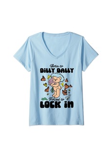 Womens Born to Dilly Dally Forced to Lock In Vintage Bear Flower V-Neck T-Shirt