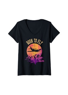 Womens Born To Fly Shirt Silhouette Airplane Flying Pilot V-Neck T-Shirt