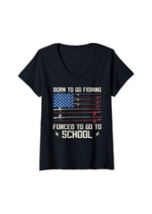 Womens Born To Go Fishing Forced School Funny Men Women Fishing V-Neck T-Shirt