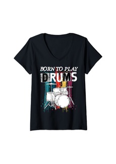 Womens Born To Play Drums Drumming Rock Music Band Drummer V-Neck T-Shirt
