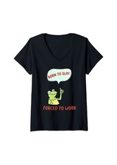 Womens Born To Slay Forced To Work Retro Unisex Silly Frog V-Neck T-Shirt