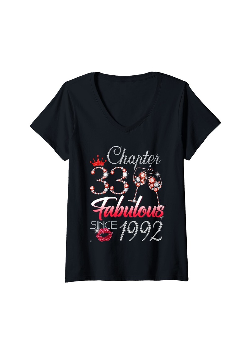 Born Womens Chapter 33 Fabulous Since 1992 33rd Leopard Birthday Queen V-Neck T-Shirt