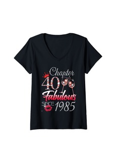 Born Womens Chapter 40 Fabulous Since 1985 40th Leopard Birthday Queen V-Neck T-Shirt