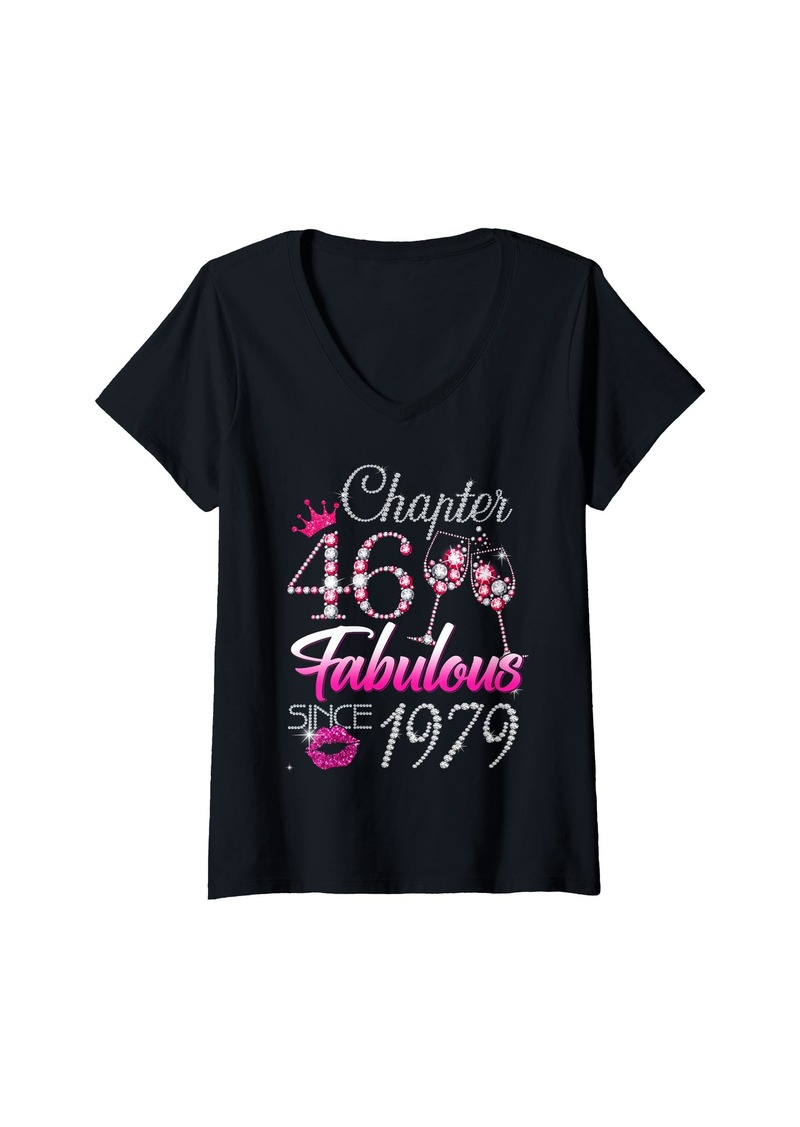 Born Womens Chapter 46 Fabulous Since 1979 46th Leopard Birthday Queen V-Neck T-Shirt