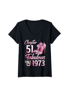 Born Womens Chapter 51 EST 1973 51 Years Old 51st Birthday Queen V-Neck T-Shirt