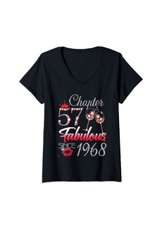 Born Womens Chapter 57 Fabulous Since 1968 57th Leopard Birthday Queen V-Neck T-Shirt