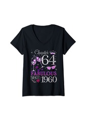 Born Womens Womens Chapter 64 EST 1960 64 Years Old 64th Birthday Queen V-Neck T-Shirt