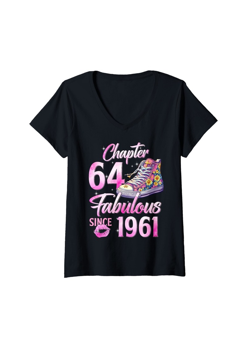 Born Womens Chapter 64 EST 1961 64 Years Old Gifts 64th Birthday Queen V-Neck T-Shirt