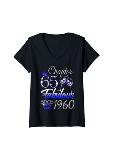 Born Womens Chapter 65 Fabulous Since 1960 65th Leopard Birthday Queen V-Neck T-Shirt