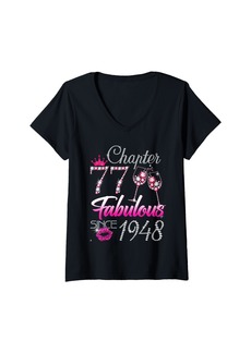 Born Womens Chapter 77 Fabulous Since 1948 77th Leopard Birthday Queen V-Neck T-Shirt