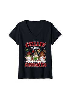 Born Womens Chillin With My Gnomies Christmas Gnome Buffalo Plaid Red V-Neck T-Shirt