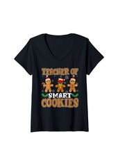 Born Womens Christmas Teacher Of Smart Cookies Cute Gingerbread Xmas V-Neck T-Shirt