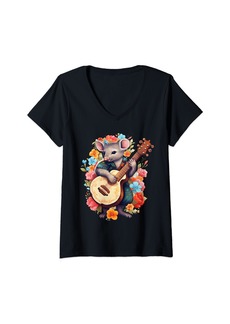 Born Womens Cute Cottagecore Aesthetic Rat Playing Guitar Floral V-Neck T-Shirt