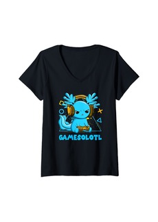 Born Womens Gamesolotl Gamer Axolotl Fish Playing Video Games Lizard V-Neck T-Shirt