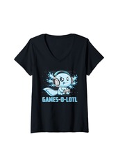 Born Womens Gamesolotl Gamer Axolotl Playing Video Games Gift Boys Girls V-Neck T-Shirt