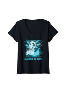 Born Womens Gamesolotl Video Gamer Axolotl Fish Playing Gamer Anime Boys V-Neck T-Shirt
