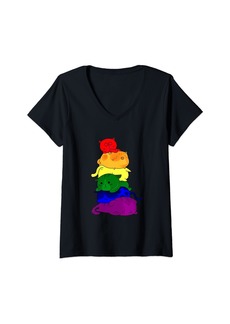 Born Womens Gay Pride Cat LGBT Cute Kawaii Cats Pile Anime Rainbow Flag V-Neck T-Shirt